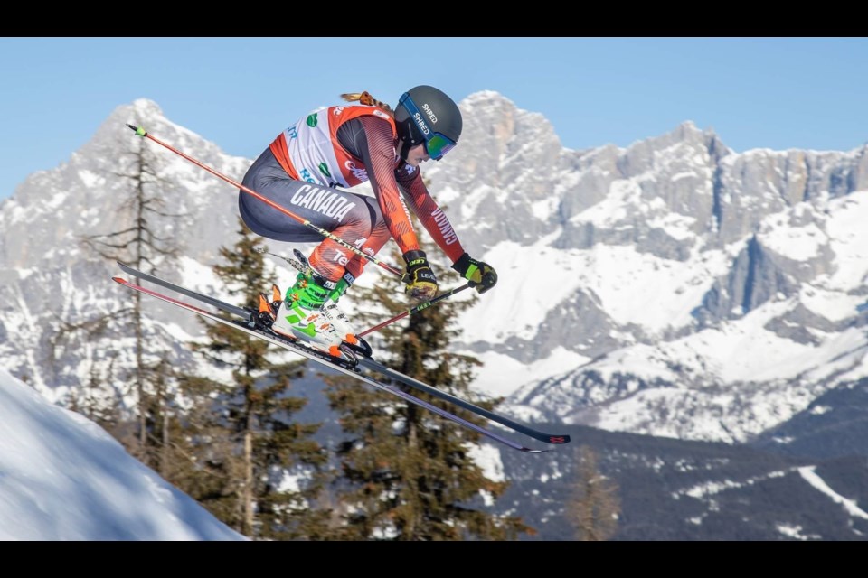 Tiana Gairns of Prince George gets some hang time during a World Cup ski cross race Feb. 17 in Reiteralm, Austria.