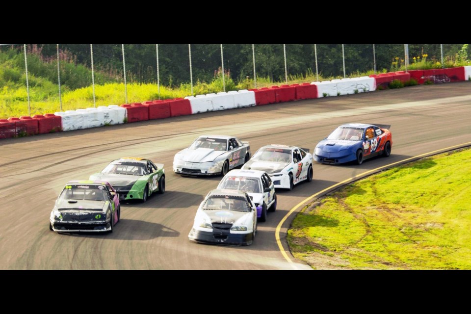 The Chieftain Auto Part mini stocks bunch up for the start of a race last year at PGARA Speedway. The new season opens with the Turgeon Memorial doubleheader points meet, June 10-11.