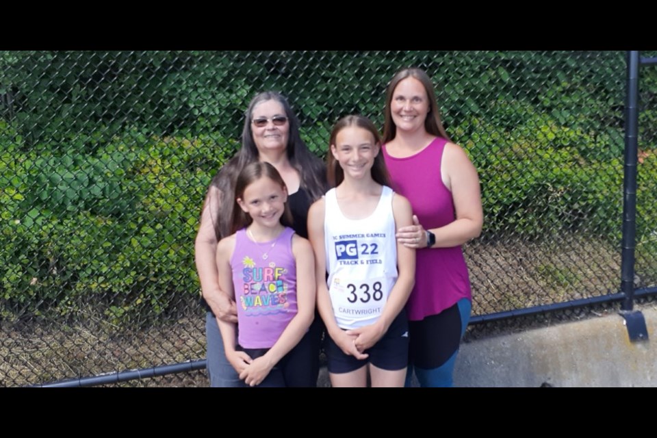 Colette Erickson, top left, is grandmother, Carmella Cartwright, top right, is mother, bottom left is Alyssia, 11, and bottom right is Azalea, 14. Three generations came together to train Azalea for her big 1200m race during the BC Summer Games held in Prince George July 21 to 24.