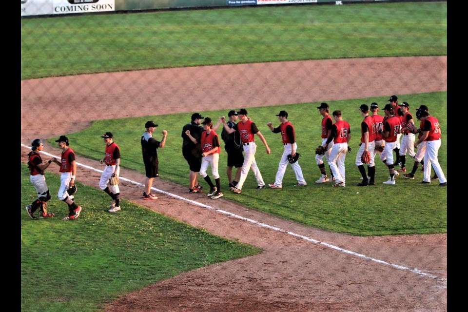 The Prince George Knights 18U baseball team celebrates an 11-0 B.C. Minor Baseball Association victory over Chilliwack Sunday afternoon in Kelowna which wrapped up a perfect 4-0 weekend for the Knights. They will be back on home turf Wednesday night at Citizen Field to take on the Queensway Auto World Mariners in a Domino's Pizza Prince George Senior Baseball League game at Citizen Field.