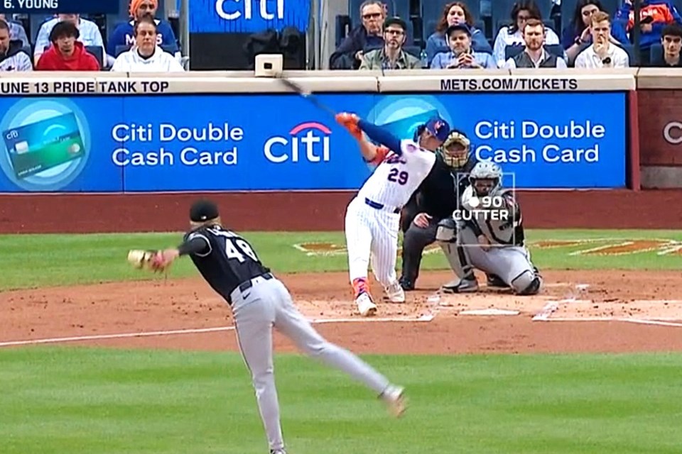 New York Mets designated hitter Jared Young of Prince George hits his first home run with the Mets in the first inning of their game against the Chicago White Sox on Tuesday, May 27, 2025.