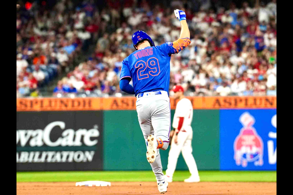 Prince George's Jared Young rounds the bases in Philadelphia after he hit his third home run of the season as the New York Mets tied a Major League record with seven solo shots in an 11-4 win over the Phillies on Saturday, June 21, 2025.