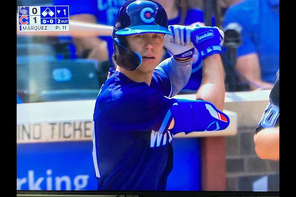 Jared Young watches the pitch during his first Major League at-bat for the Chicago Cubs against the Colorado Rockies on Sept. 16, 2022.