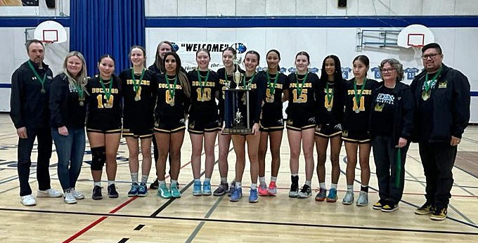 The Duchess Park Condors celebrate their 55-47 win over the College Heights Cougars in the triple-A girls basketball North Central zone tournament final Saturday, Feb. 15 , 2025 at College Heights gym.