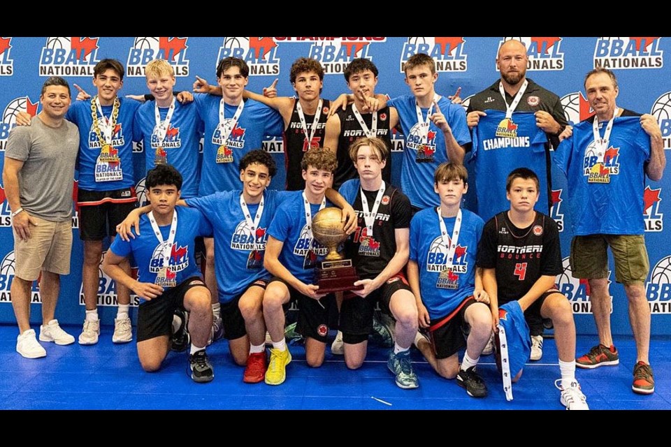 Northern Bounce Basketball Academy U14 Red won the Gold Division at club basketball nationals in Langley. The team includes: Carter Simpson, Lucas Murrin, Isaac Mogus, Liam Low, Memphis Chesworth, Sawyer Roberts, Tyce Mueller, Nathan Del Rosario, Zeke Ferguson, Christian Lucarelli, Ali Kora, Brody Black. 
Head coach: Reid Roberts; Assistant coach: Joel Mueller
