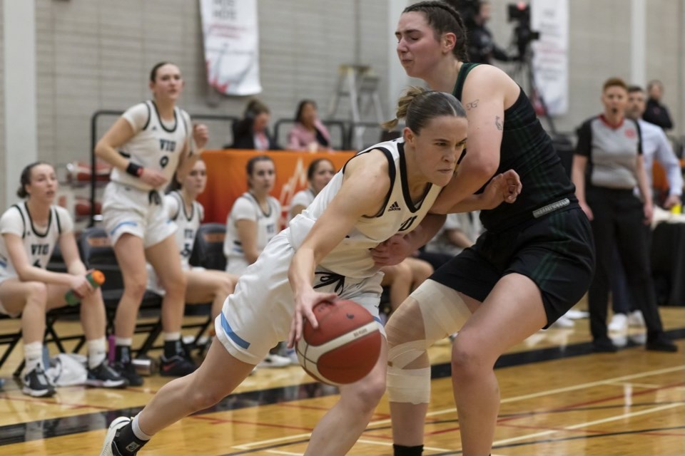Kayla Gregory with the Vancouver Island University Mariners at the 2023 CCAA Women's Basketball Championships in Hamilton.
