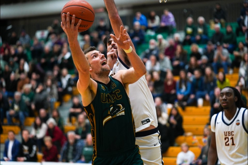UNBC Timberwolves forward Chris Ross, left, shown in action earlier this year against the UBC Thunderbirds, will play the last home games of his five-season U SPORTS career this weekend at the NSC against the Saskatchewan Huskies.