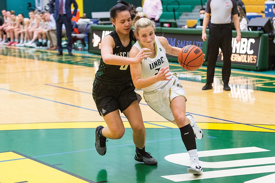 Citizen Photo by James Doyle. UNBC Timberwolves guard Anastasia Soltes drives to the net against the Fraser Valley Cascades on Wednesday night at Northern Sport Centre.
