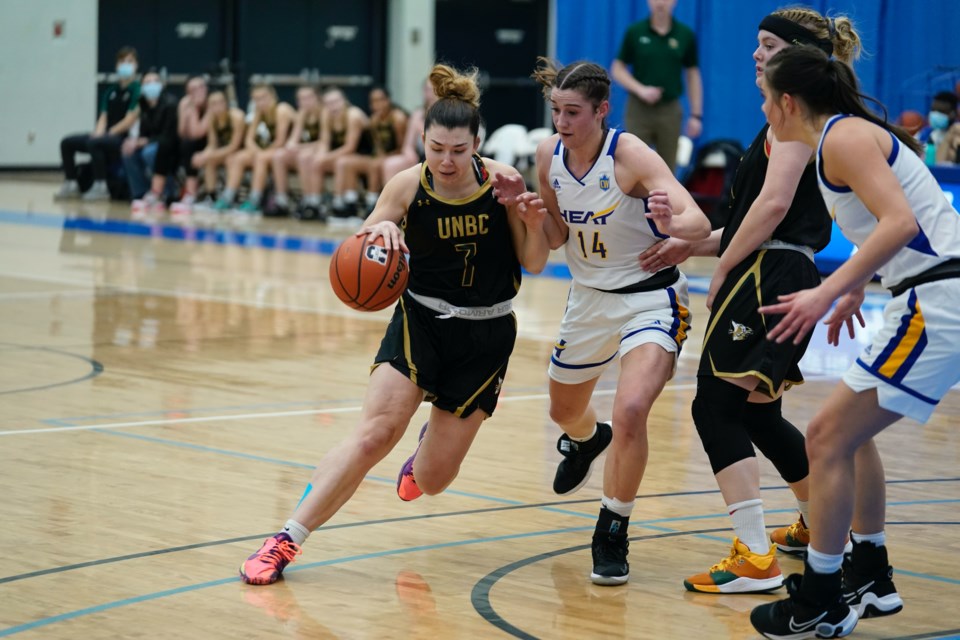 Alina Shakirova dribbles the ball for the UNBC Timberwoves during a game Jan. 21 against the UBC-Okanagan Heat. 