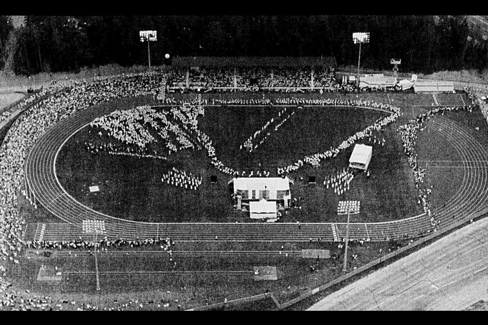 An aerial shot of Massey Place Stadium, as it was known on July 12, 1990 shows a crowd of people estimated at 10,000 who were there for the opening ceremonies of the 1990 BC Summer Games. Prince George will host the event this summer, July 21-24. 