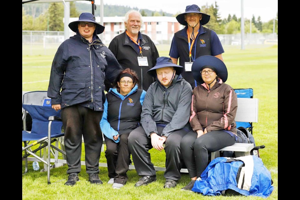 The Prince George Sneak Attack competed in bocce at the Special Olympics BC Summer Games bocce tournament at Prince George Soccer Association Field this past weekend (July 11-12, 2025). From left, sitting, are Ruth Caldwell, Isaac Goudal and Tara Chaisson. Standing, from left, are Aidan Rosen, assistant coach Peter Goudal and had coach Waylon Becker.