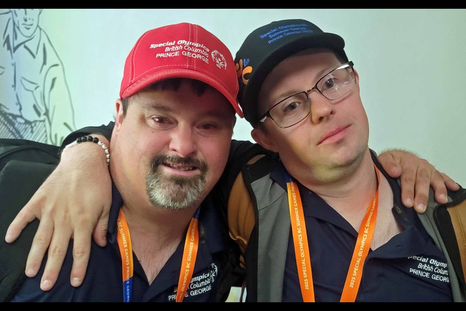 Prince George teammates Greg Eveneshen, left, and Greg Cole pose for a photo after they bowled their last game at the Special Olympics BC Summer Games at Strike Zone bowling on Saturday, July 12, 2025. 