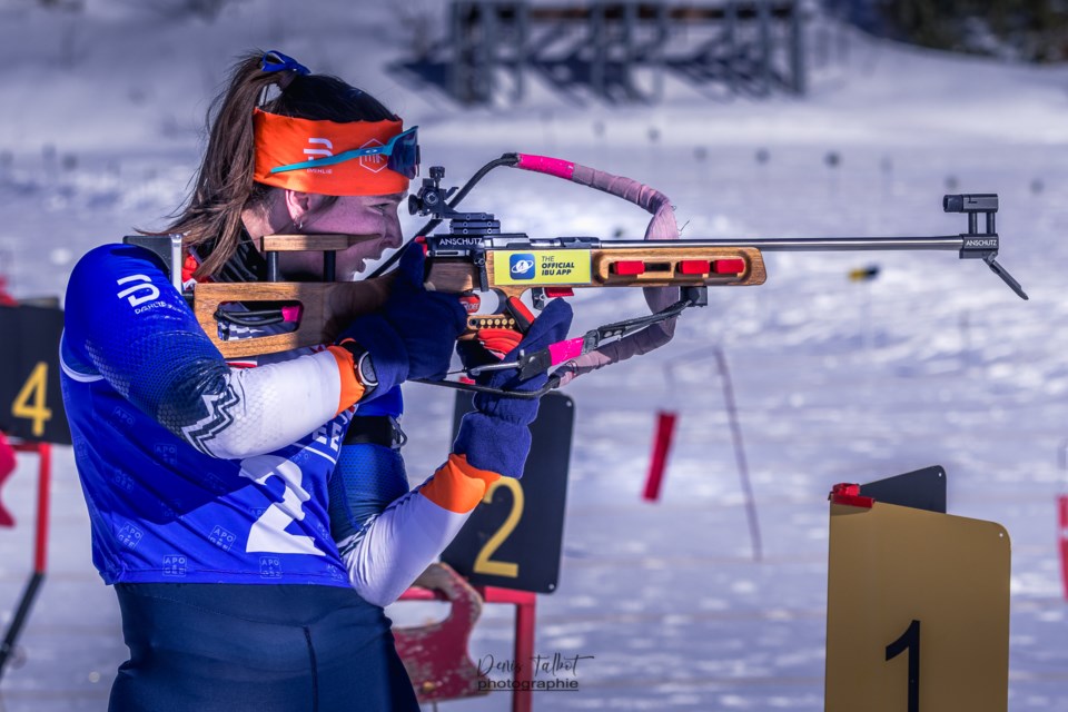 Moira Green shows off her gold medal form on the range at the Biathlon Canada national championships in Valcartier, Que. Green won the junior women's mass start on Wednesday, March 12, 2025.