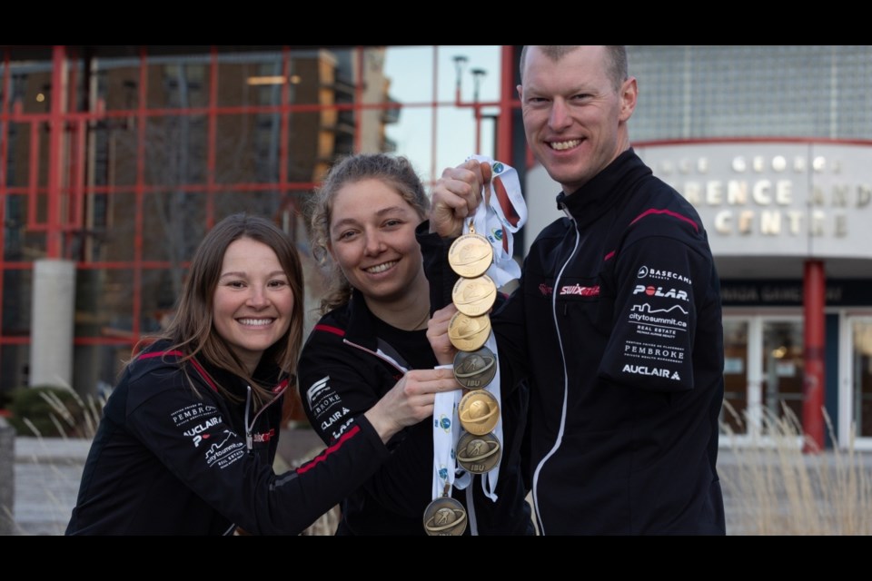 Canada's hardware haul from the Para Biathlon World Championships includes four gold and two silver.
Mark Arendz won three of those gold medals and teamed up with Brittany Hudac, far left, to win bronze in the team sprint. 
Hudac won two bronze, while Natalie Wilkie, centre, captured gold and bronze.