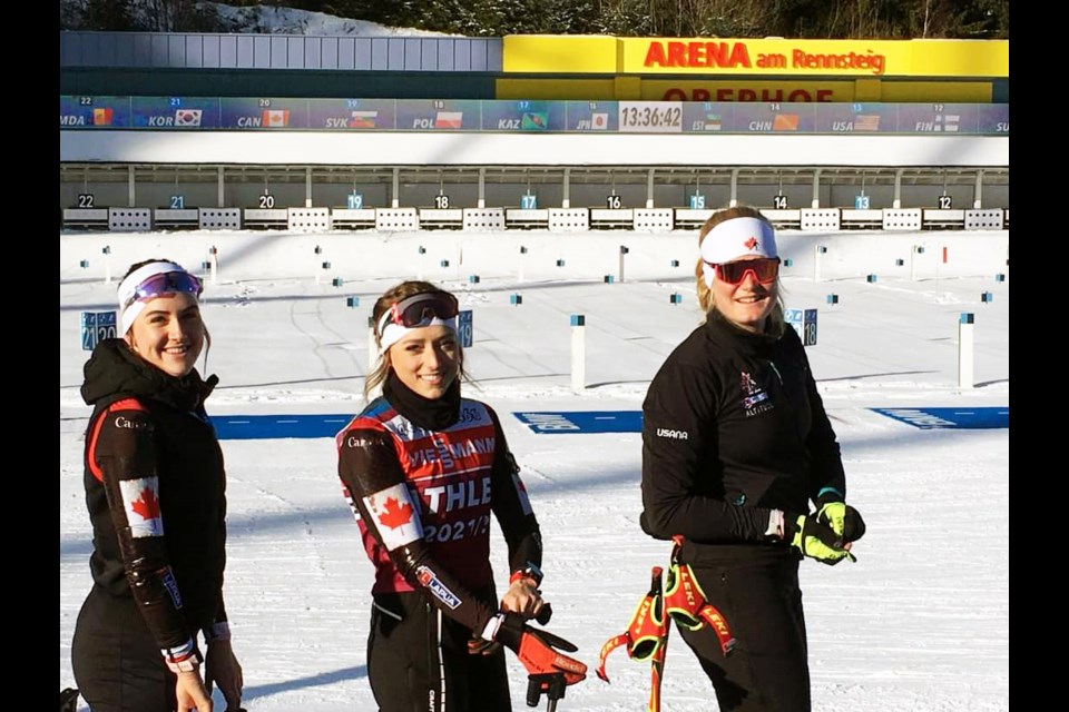 The province of British Columbia is well-represented at the World Cup biathlon this weekend in Oberhof, Germany. From left are Canadian team athletes Benita Peiffer of Whistler, Emily Dickson of Burns Lake and Sarah Beaudry of Prince George. 