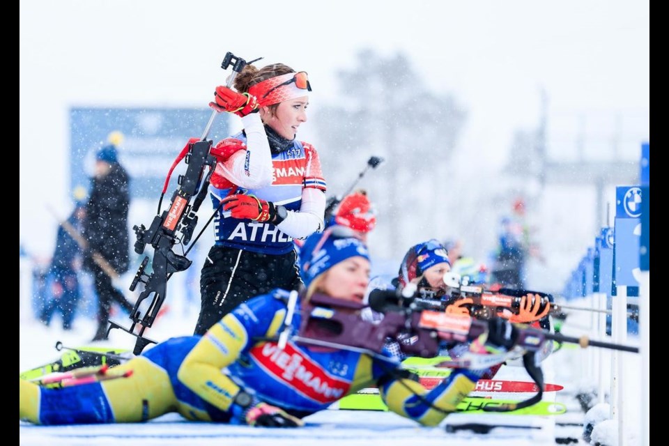 Emily Dickson gets into position at the shooting range at  the IBU World Championships Feb. 18 in Oberhof, Germany.