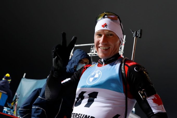 Biathlete Scott Gow of Canmore celebrates his fourth-place finish Saturday in the men's 20-km individual event, the season-opening IBU World Cup race in Oestersund, Sweden. Christian Manzoni IBU PHOTO