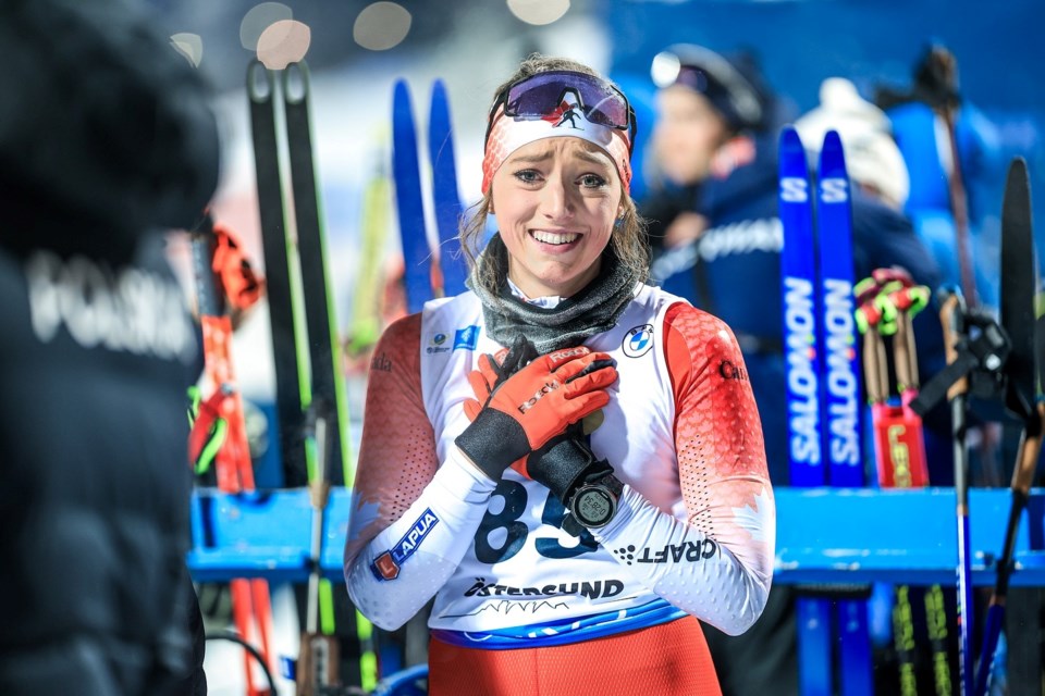 Emily Dickson of Burns Lake shows her relief after she qualified 58th in the IBU World Cup sprint in Oestersund, Sweden/