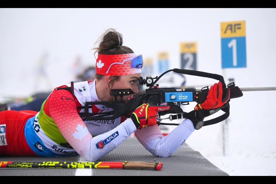 Emily Dickson of Burns Lake takes aim at the prone targets during a World Cup race Jan.8 in Ruhpolding, Germany. Dickson shot clean Friday in the world championship sprint in Nove Mesto, Czechia and qualified for Sunday's pursuit race.