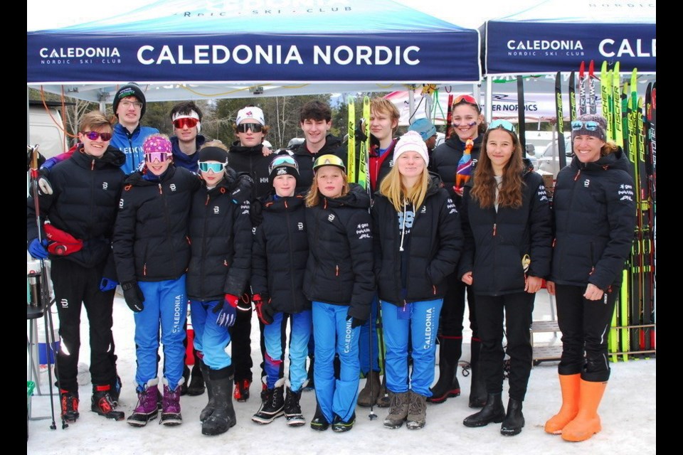 These athletes, shown with coach Tuppy Hoehn, right,  represented the Caledonia Nordic Ski Club over the weekend at the BC cross-country ski championships at Larch Hills Ski Club near Salmon Arm.