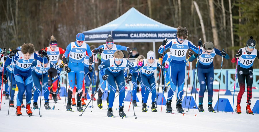 The U-16 boys sprint out of the stadium at Otway Nordic Centre for the start of their 3 X 1.75 km classic race on Sunday at the Teck BC Cup event.