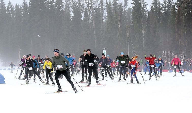 The solo racers begin the Prince George Iceman on their skis at Otway Nordic Centre Sunday morning during the 2016 race which drew 568 competitors
