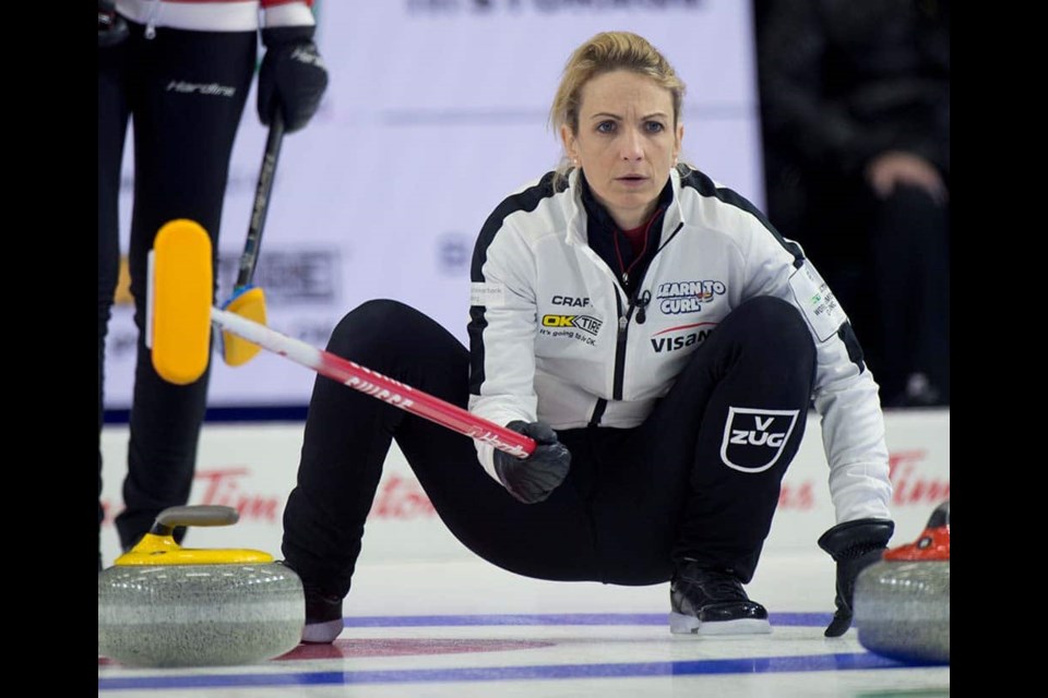 Team Switzerland skip Silvana Tirinzoni, shown in action Wednesday against South Korea, are still undefeated at the BTK Tires and OK Tire World Women's Curling Championship. Switzerland defeated Japan 11-3 Friday morning at CN Centre.