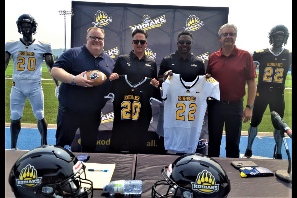 The Prince George Kodiaks will join the B.C. Football Conference next year as the province's seventh junior football team.On hand for the July announcement last year at Masich Place Stadium were, from left, BCFC president Tyler McLaren, Kodiaks president Craig Briere, Kodiaks head coach/director of football operations Keon Raymond, and Mayor Lyn Hall.