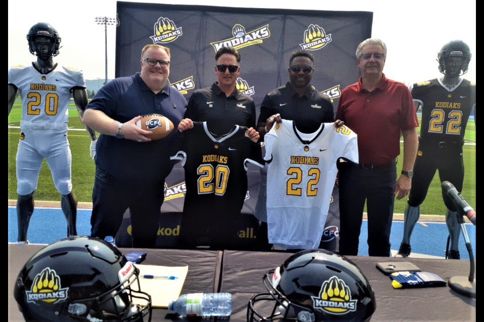 It's now official. The Prince George Kodiaks will join the B.C. Football Conference next year as the province's seventh junior football team.On hand for Friday's announcement at Masich Place Stadium were, from left, BCFC president Tyler McLaren, Kodiaks president Craig Briere, Kodiaks head coach/director of football operations Keon Raymond, and Mayor Lyn Hall.