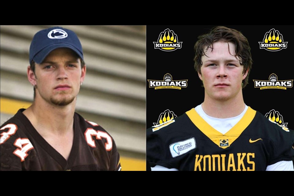 Jeff Halvorson, left, was an All-Canadian running back for starred for two seasons (2003, 2004) with the Okanagan Sun until he collapsed and died of a viral infection on the practice field in Kelowna, Sept. 1, 2004, three months before his son Gavin, right, was born. Gavin, 20, is in his second season with the Prince George Kodiaks and he had two touchdowns and 110 rushing yards in a 33-13 win last weekend (July 26, 2025) over the Kamloops Broncos.