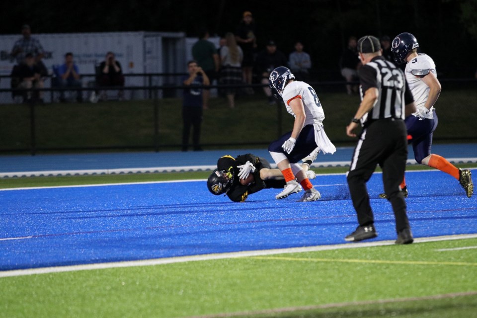 Prince George Kodiaks receiver Jerome Erickson catches a 35-yard pass from quarterback Liam Oczkowski in the season-opening  game last season at Masich Place Stadium against the Kamloops Broncos. The team starts its third BCFC season July 20 at Masich Place Stadium against the Vancouver Island Raiders.