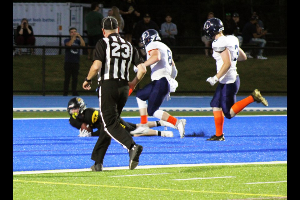 Prince George Kodiaks receiver Jerome Erickson catches a 35-yard pass from quarterback Liam Oczkowski during a 2023 game at Masich Place Stadium against the Kamloops Broncos. The Kodiaks are hosted their Spring Evaluation Camp this past weekend.