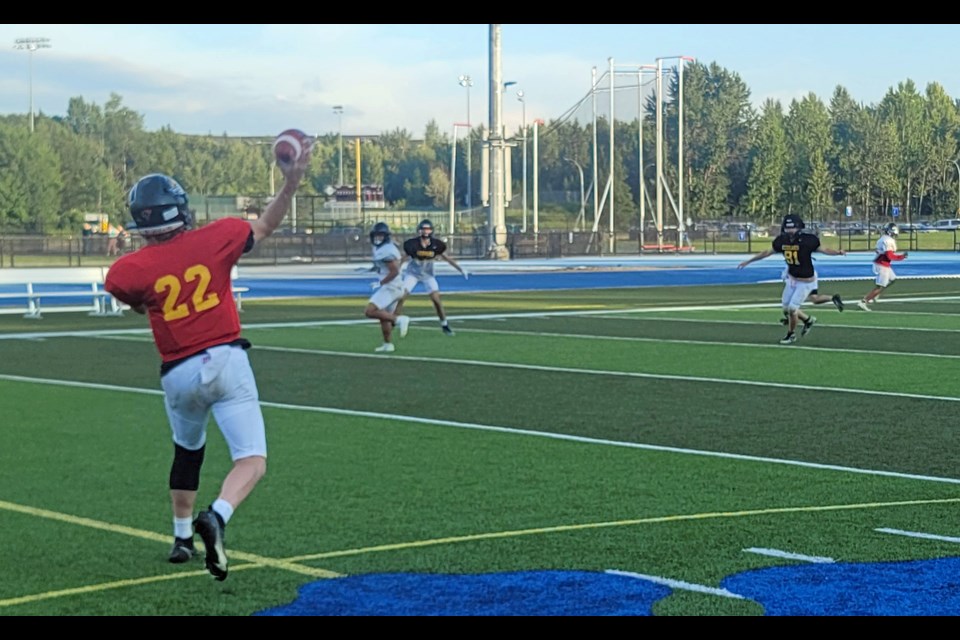 Prince George Kodiaks quarterback Sawyer Thiessen tosses the ball to one of his receivers during practice at Masich Place Stadium on Wednesday, July 16, 2025. The Kodiaks host Westshore Rebels of Langford in their BCFC season-opner on Saturday. Game time is 6 p..m.