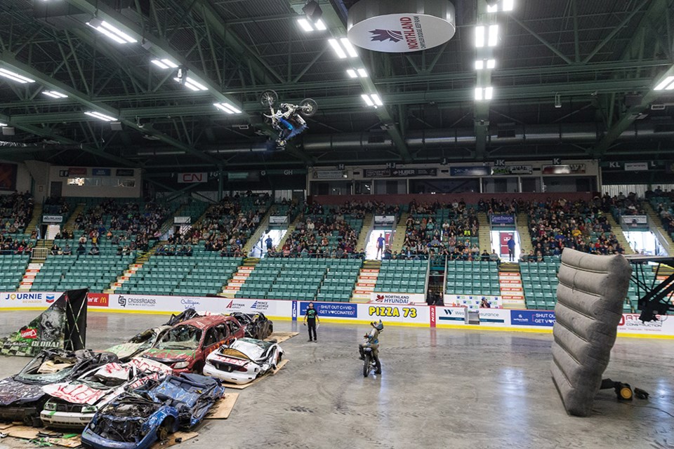 Citizen Photo by James Doyle. A freestyle motocross rider flies through the air at CN Centre on Saturday during the afternoon show of Monster Spectacular.