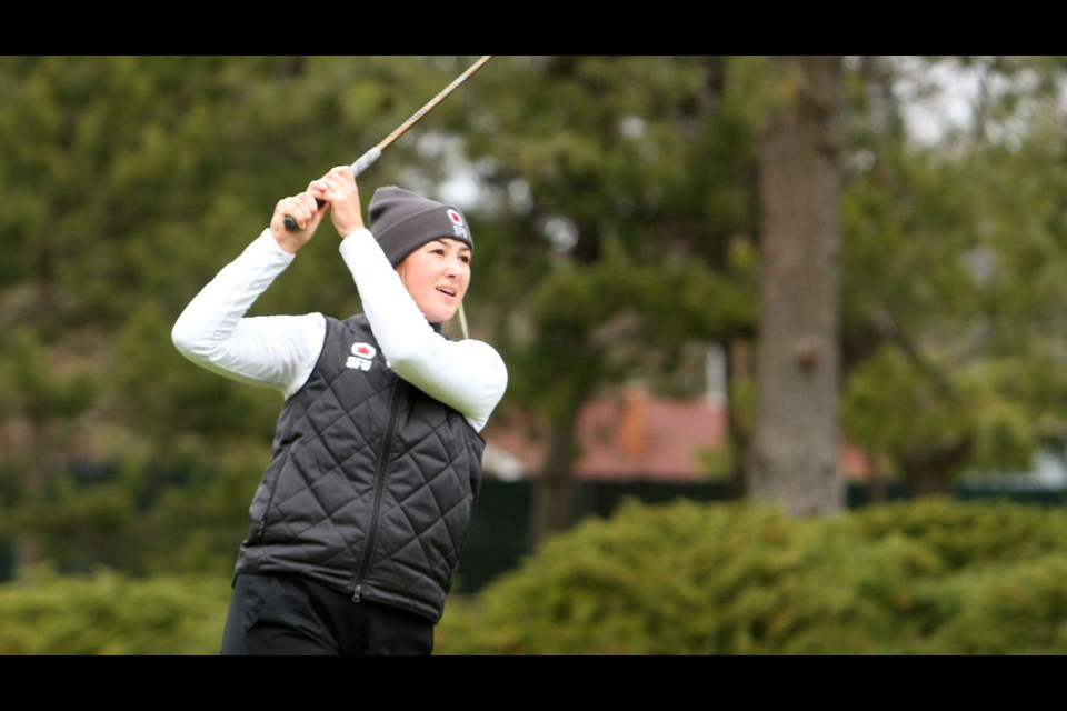 Prince George golfer Natasha Kozlowski of Simon Fraser University takes a swing during the NCAA Division 2 GNAC championships in Coeur d'Alene, Idaho. The 20-year-old finished tied the two-round tournament tied for third. Kozlowski was named to a conference first all star and won the GNAC top newcomer award.