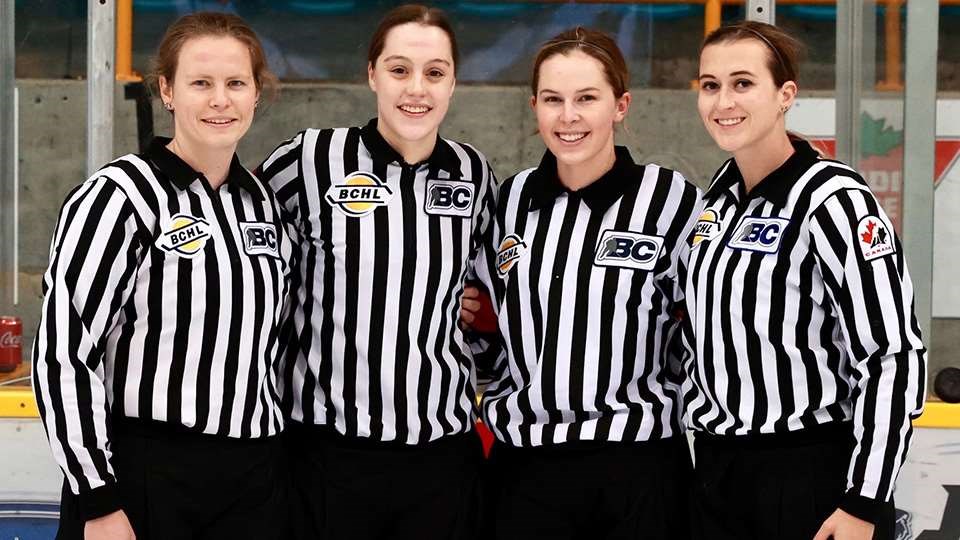 Grace Barlow of Prince George, second from right, was one of the referees in an all-female on-ice officiating crew that worked the BCHL game Sunday between the Surrey Eagles and Langley Rivermen. Flanking Barlow are Megan Howes, Melissa Brunn and Colleen Geddes. 