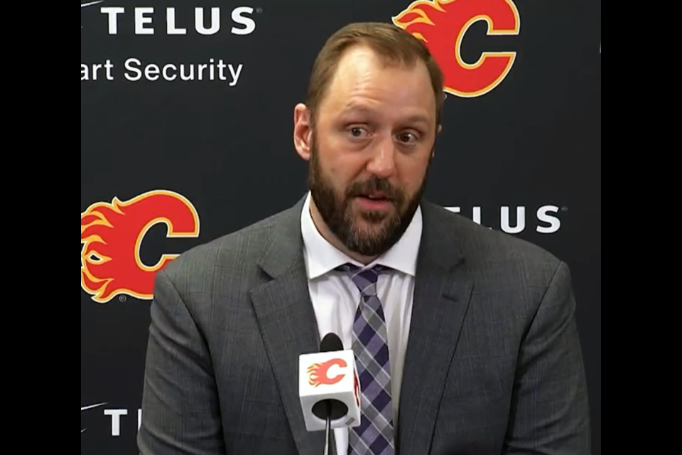 Calgary Flames goalie coach Jason LaBarbera addresses the media after a game earlier this season. LaBarbera's Flames eliminated the Dallas Stars  in a 3-2 overtime thriller Sunday in Calgaryto advance to the second playoff round against the Edmonton Oilers.
