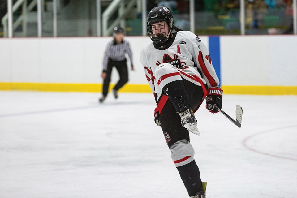 Citizen Photo by James Doyle. Northern Capitals defender Keagan Goulet celebrates after scoring a goal against the Fraser Valley Rush on Sunday morning at Fort Forum in Fort St. James as part of the 3rd Annual Northern Winter Classic.