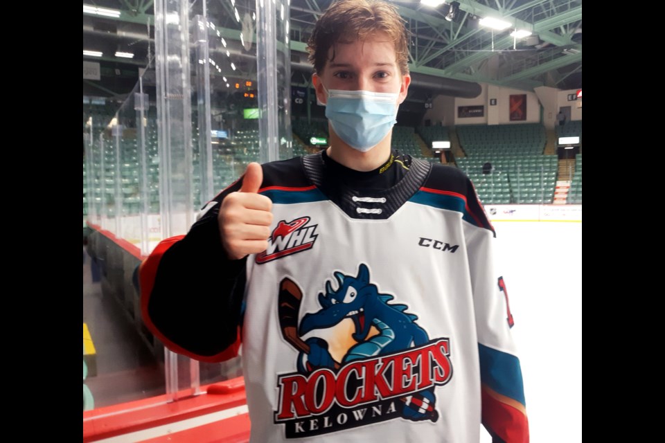 Kelowna Rockets winger Scott Cousins gives the thumbs-up after a memorable weekend last November at CN Centre, where he returned to his hometown to play against the Prince George Cougars. Cousins now skates in the BCHL for the Prince George Spruce Kings.