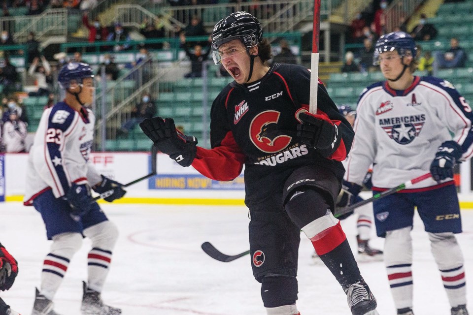 Prince George Cougar centre Ryker Singer celebrates his third-period goal last Friday against the Tri-City Americans at CN Centre. Singer and his teammate Riley Heidt are in Ottawa preparing for the Capital City Challenge, which starts Friday.