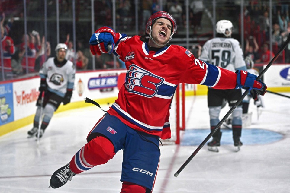 Spokane Chiefs left wing Chase Harrington celebrates his overtime goal in Game 2 of the WHL Western Conference final against the Portland Winterhawks April 27, 2025 in Spokane, Wash. The Chiefs went on to win the series 4-0 and will face Medicine Hat in the WHL final starting Friday.