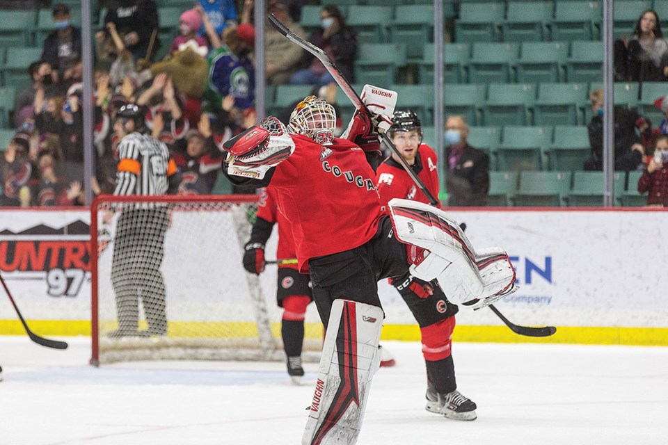 Citizen Photo by James Doyle. Prince George Cougars goaltender Taylor Gauthier celebrates after defeating the Kamloops Blazers on Saturday night at CN Centre.