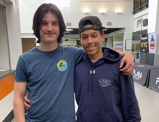 Chase Harrington, left, and Cameron Schmidt, gather for a photo Thursday at the World Youth Hockey Championship  in Philadelphia, right after they made Prince George hockey history when they were both chosen in the first round of the WHL Prospects draft. Schmidt was picked seventh overall by the Vancouver Giants and Harrington went eighth overall to the Spokane Chiefs.