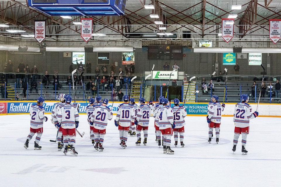 Citizen Photo by James Doyle. The Prince George Spruce Kings acknowledge the fans after losing to the Penticton Vees by a score of 3-2 on Tuesday night at Rolling Mix Concrete Arena. The Vees sweep the Interior Conference Semi Final series ending the Kings season.