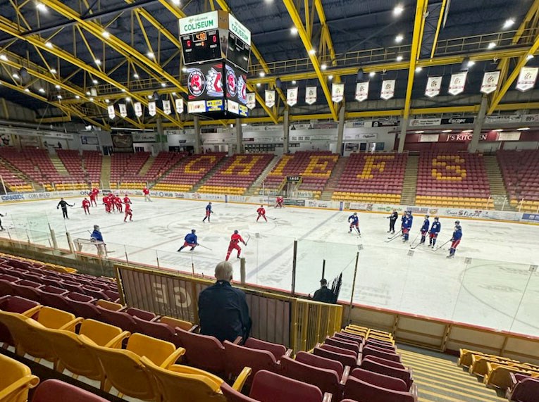 The Prince George Spruce Kings engage in their morning skate Friday at Chilliwack Coliseum, where they will face the Chiefs tonight in Game 1 of their BCHL Coastal Conference quarterfinal series.