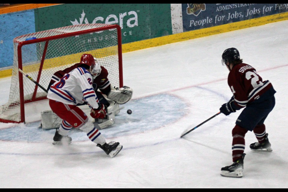 Kazumo Sasaki scores the Spruce Kings' first goal Saturday at Drop The Gloves and Sock It To 'Em night at Kopar Memorial Arena. The Kings went on to defeat the Langley Rivermen 6-3.
