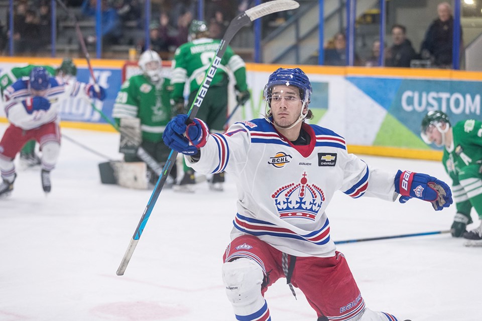 Citizen Photo by James Doyle. Prince George Spruce Kings forward Ty Gagno celebrates after scoring a goal against the Cranbrook Bucks April 1st in the first game of their best-of-seven BCHL playoff series. 