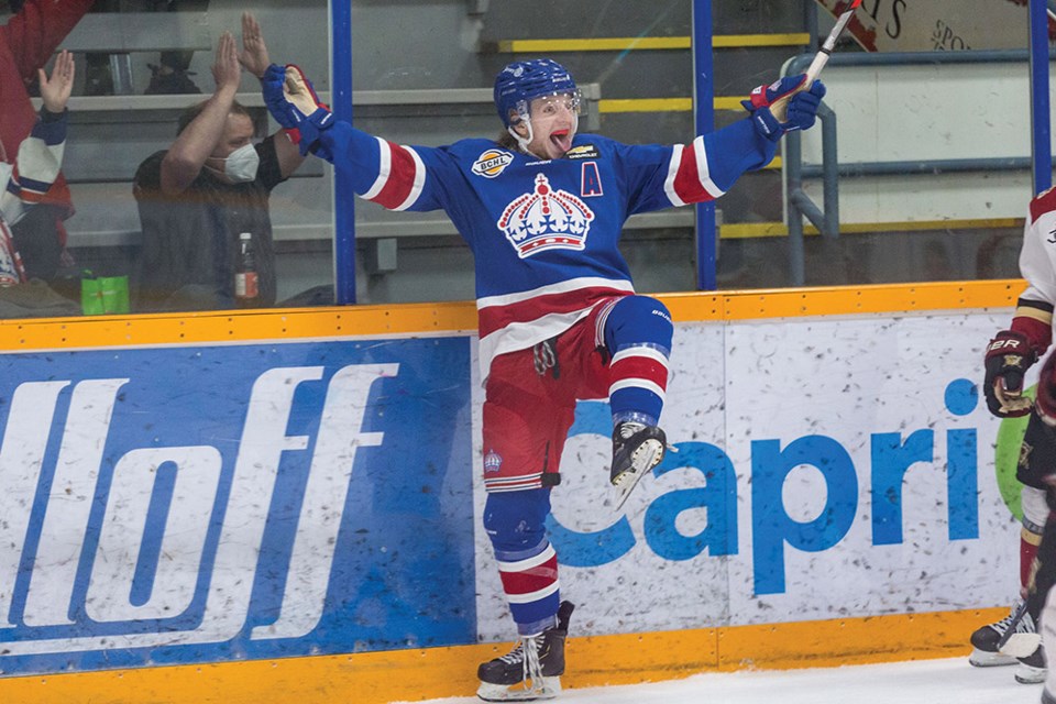 Citizen Photo by James Doyle. Prince George Spruce Kings defender Dylan Schives celebrates after scoring the game winning goal against the West Kelowna Warriors on Wednesday night at Rolling Mix Concrete Arena.