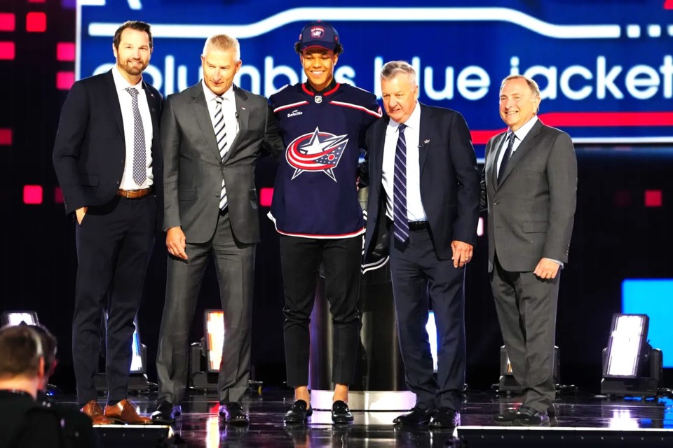 Medicine Hat Tigers centre Cayden Lindstrom sports his Columbus Blue Jackets jersey on the stage at The Sphere in Las Vegas after he was selected fourth overall in the NHL Draft Friday.