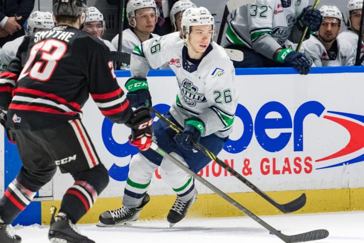 Seattle Thunderbirds winger Nico Myatovic looks to make a play with the puck during Game 5 of the T-birds WHL playoff series against the Portland Winterhawks. Myatovic scored the game-winning goal in the third period.